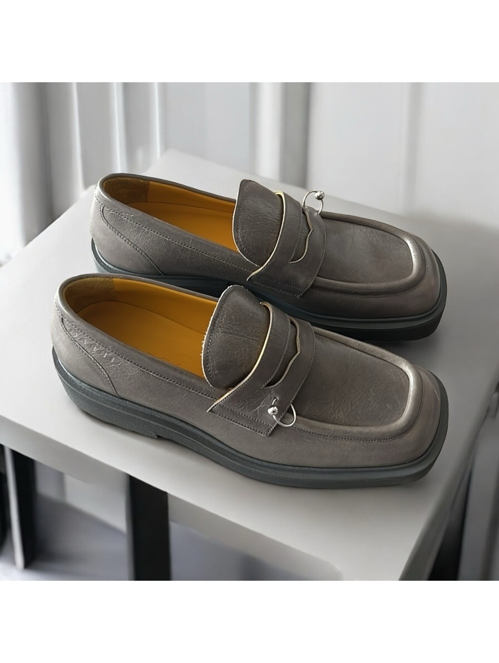 MARNI Moccasin Iconic Square-Toe Chunky Loafers Grey Size 44 NEW +DustBag